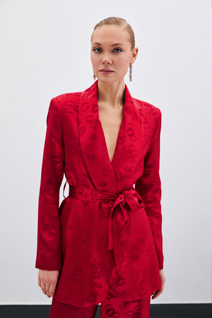 Sateen Veste ceinturée à col châle - Rouge