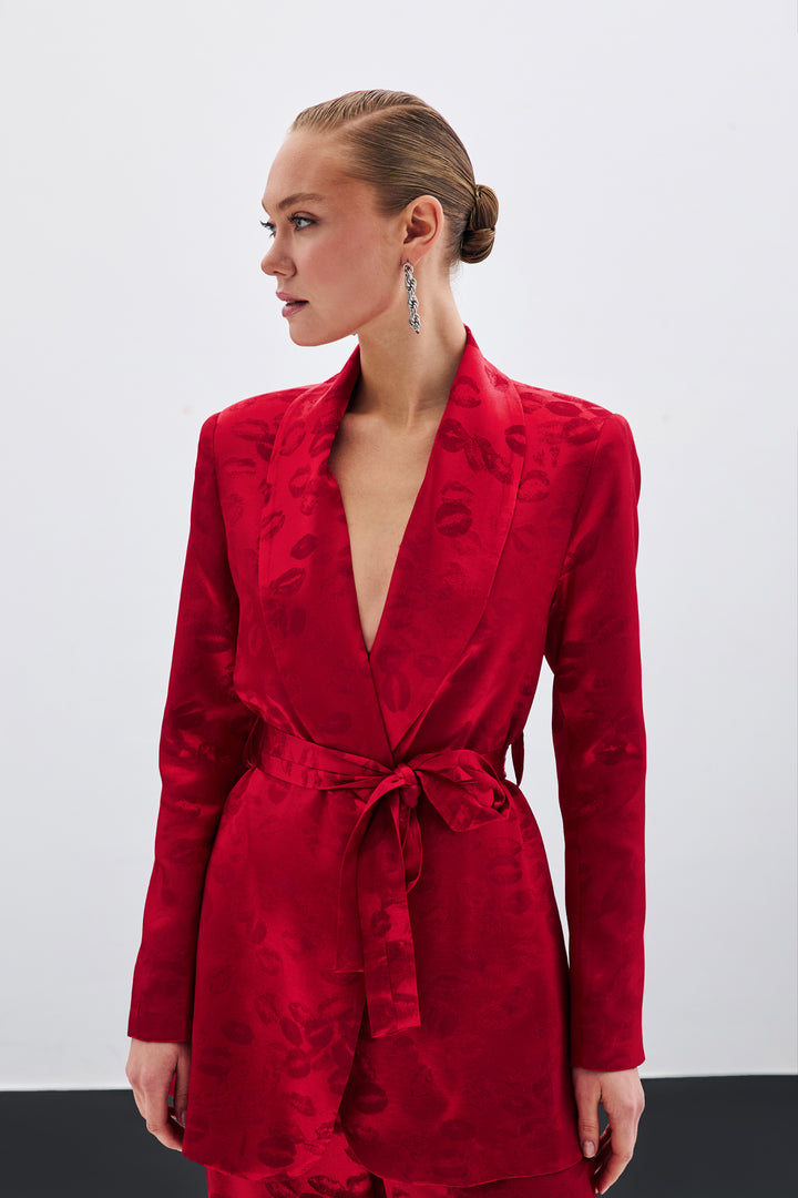 Sateen Veste ceinturée à col châle - Rouge