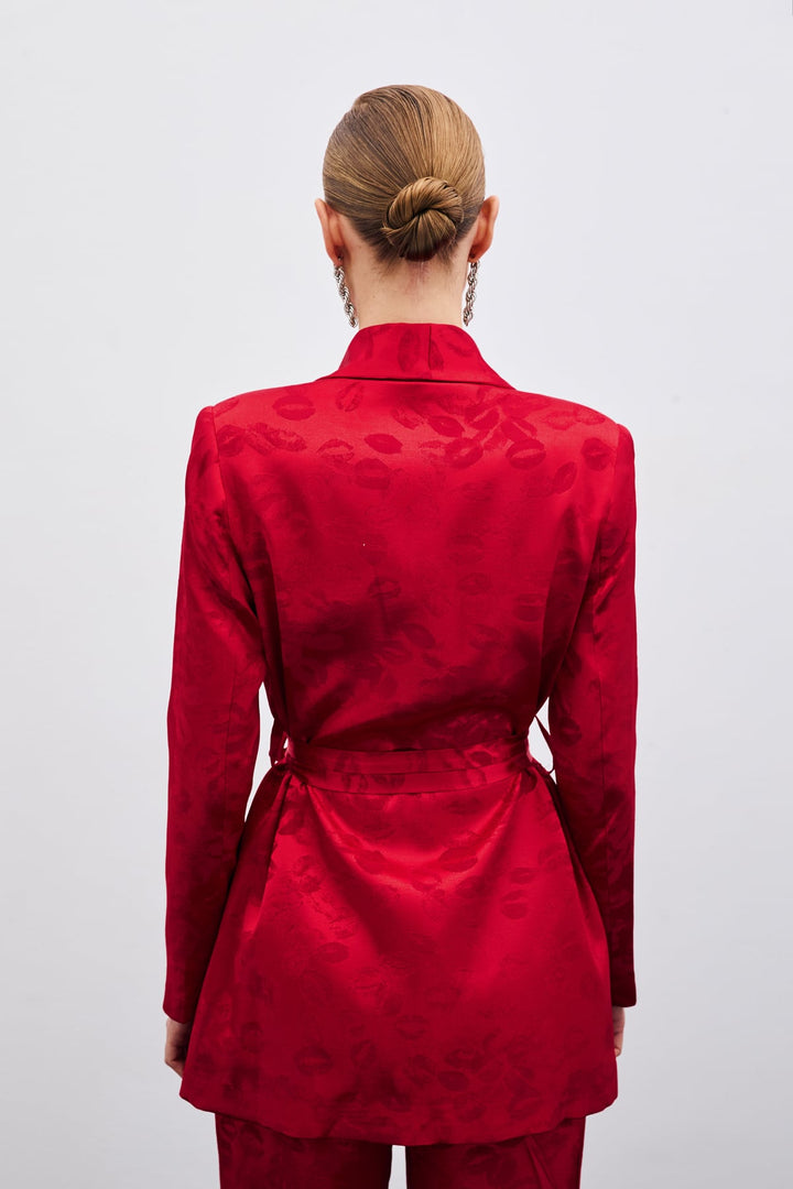 Sateen Veste ceinturée à col châle - Rouge