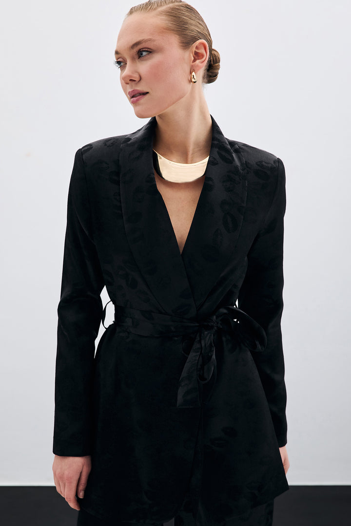 Sateen Veste ceinturée à col châle - Noir