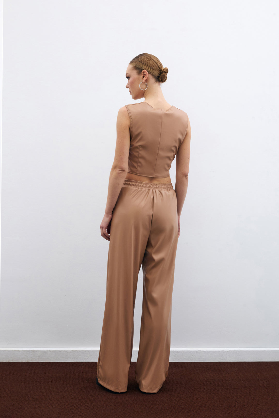 Sateen Pantalon en Cuir Ample - Beige