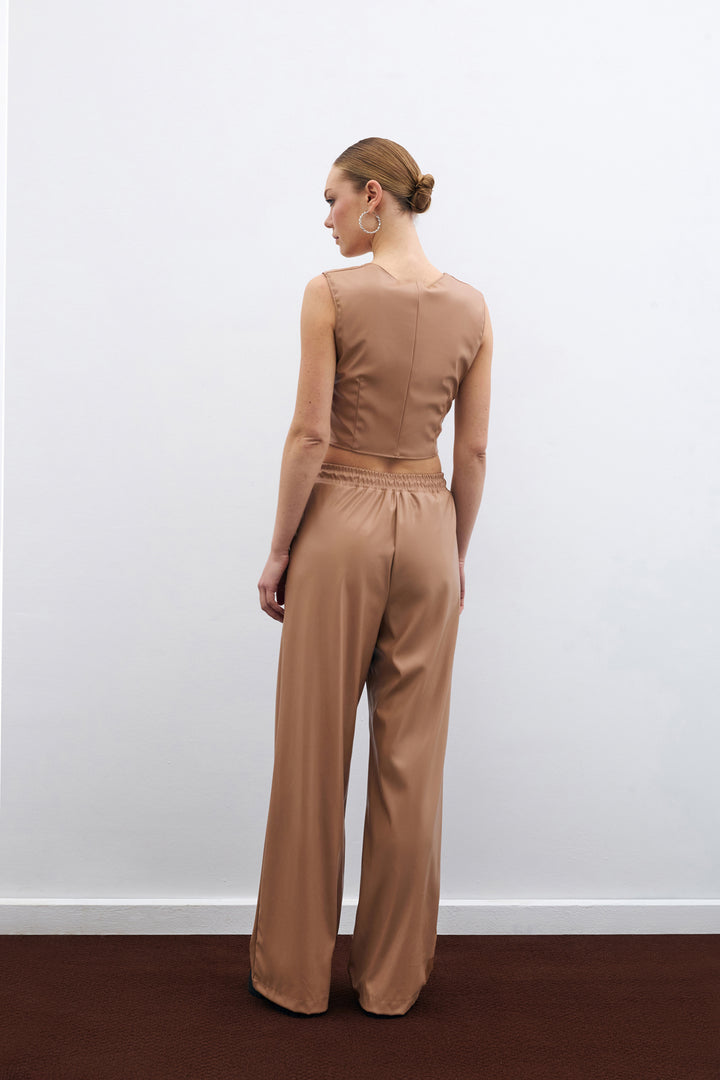Sateen Pantalon en Cuir Ample - Beige