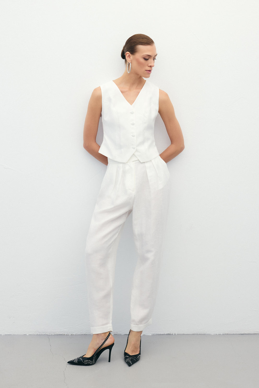 Sateen Pantalon en Lin Ample - Écru