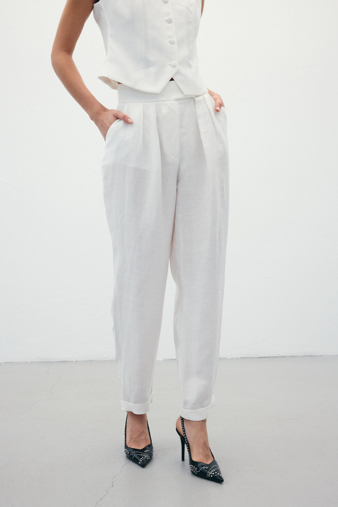 Sateen Pantalon en Lin Ample - Écru