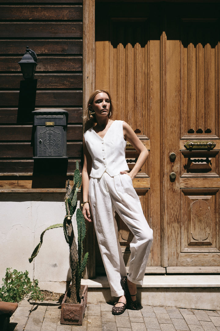 Sateen Pantalon en Lin Ample - Écru