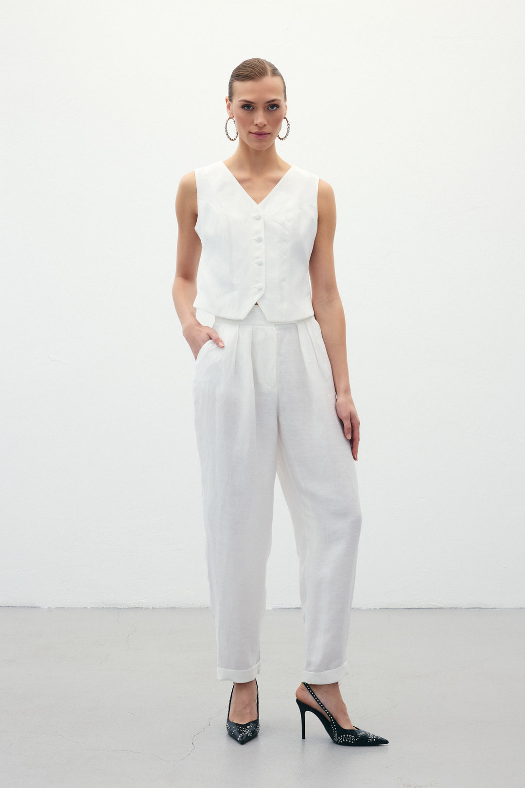 Sateen Pantalon en Lin Ample - Écru