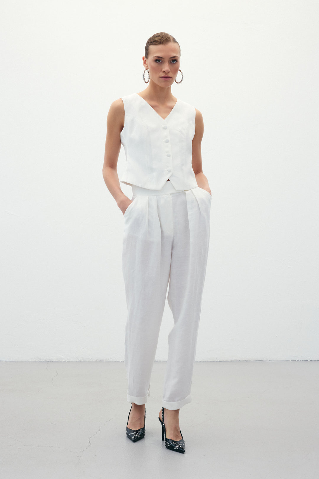 Sateen Pantalon en Lin Ample - Écru