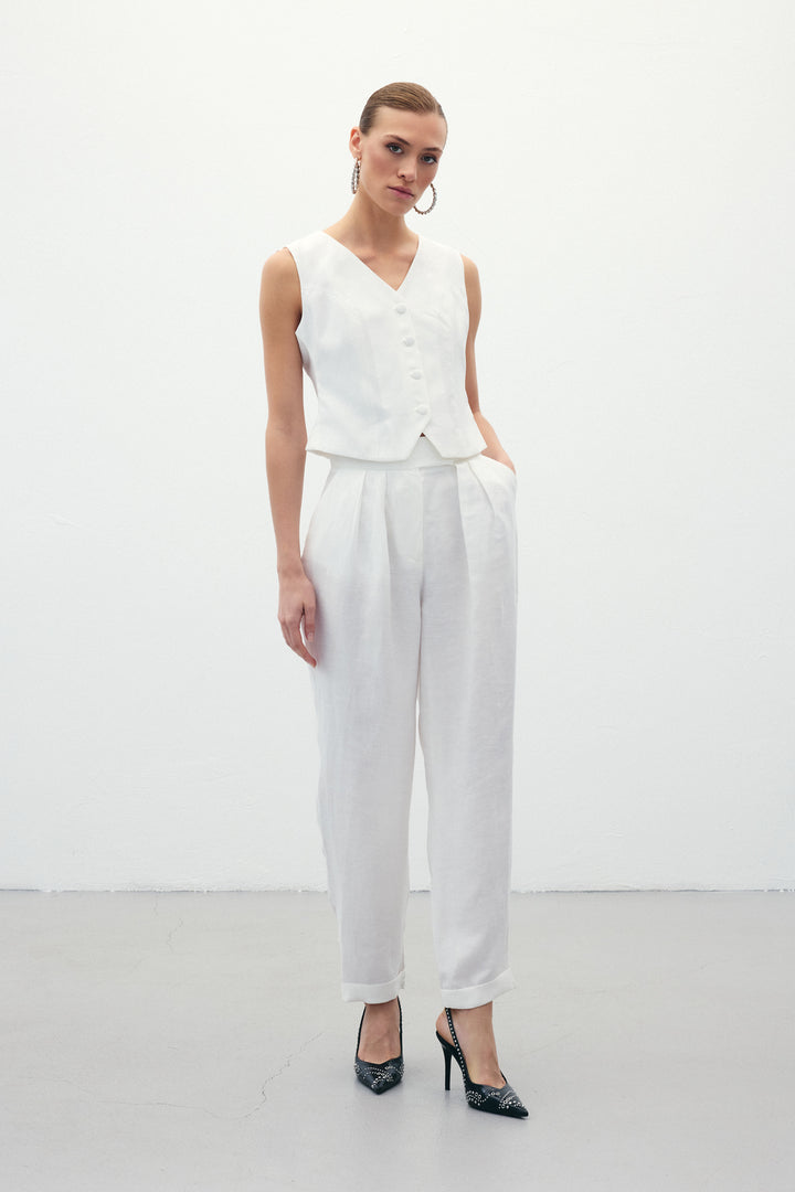 Sateen Pantalon en Lin Ample - Écru