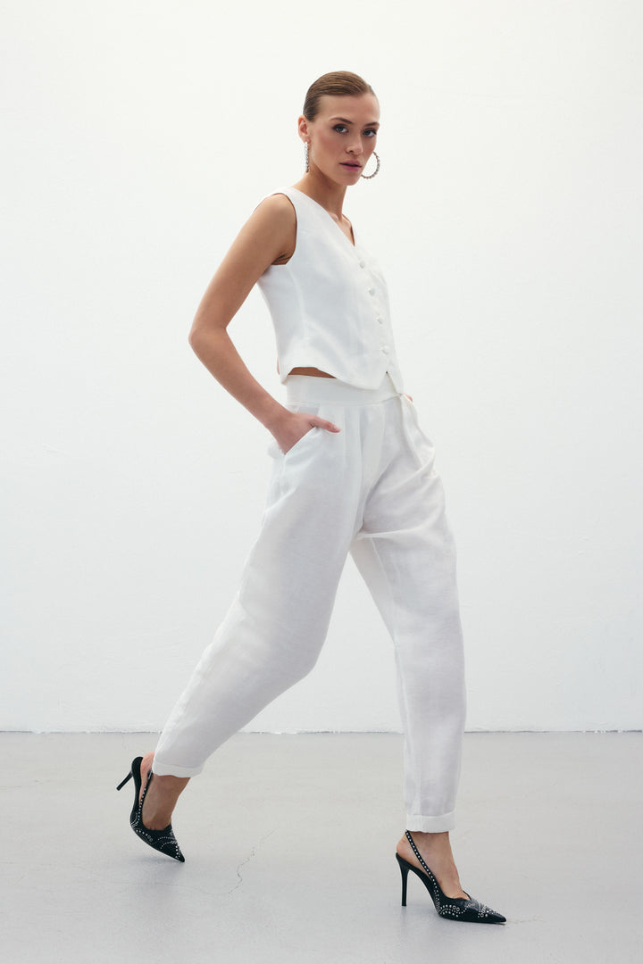 Sateen Pantalon en Lin Ample - Écru