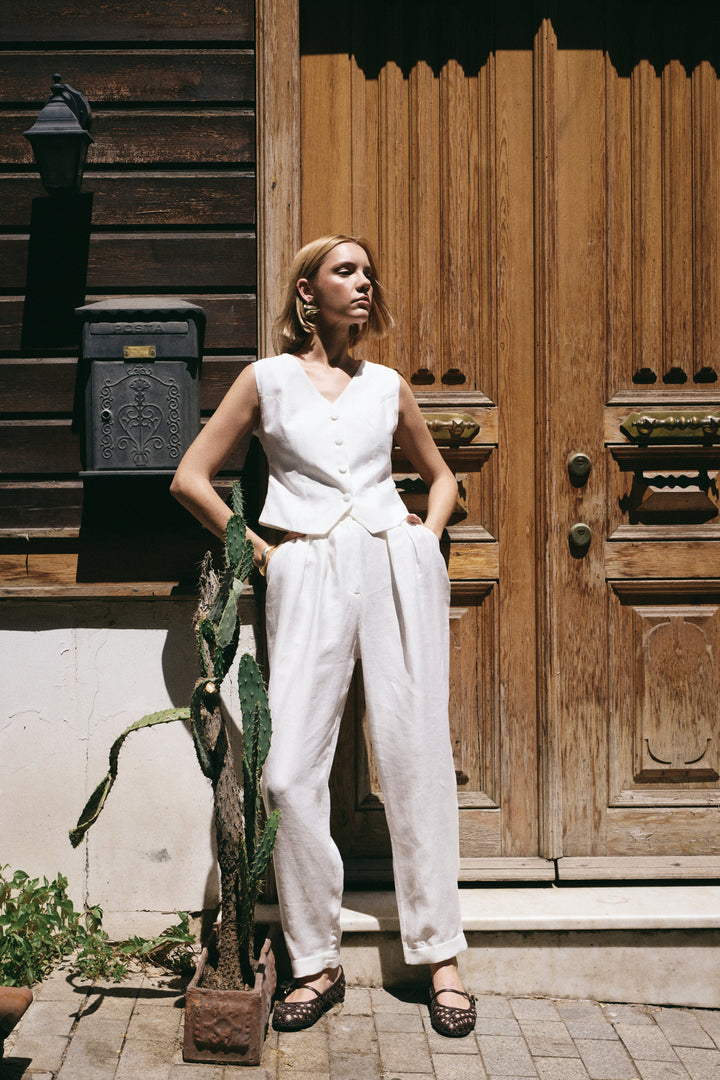 Sateen Pantalon en Lin Ample - Écru