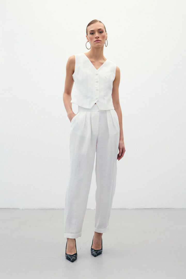 Sateen Pantalon en Lin Ample - Écru