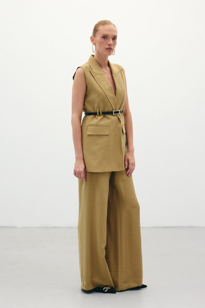 Sateen Pantalon en lin ample - Kaki