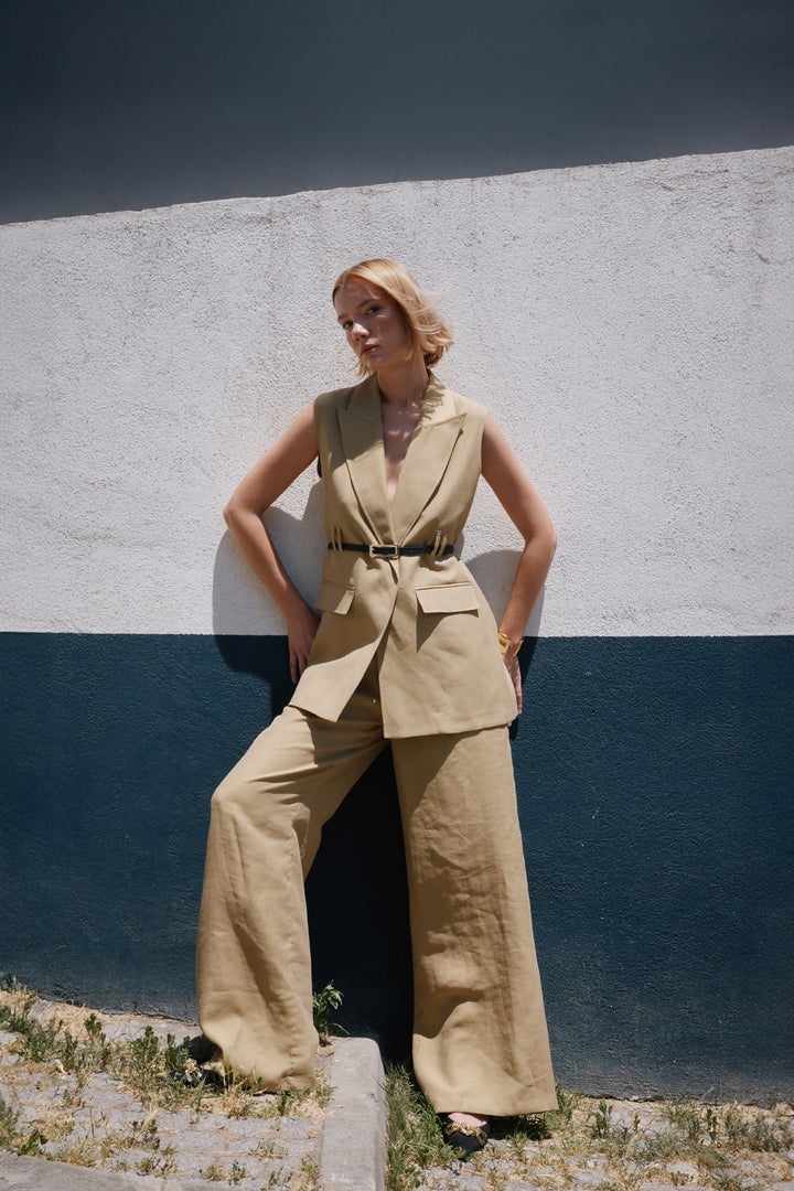 Sateen Pantalon en lin ample - Kaki