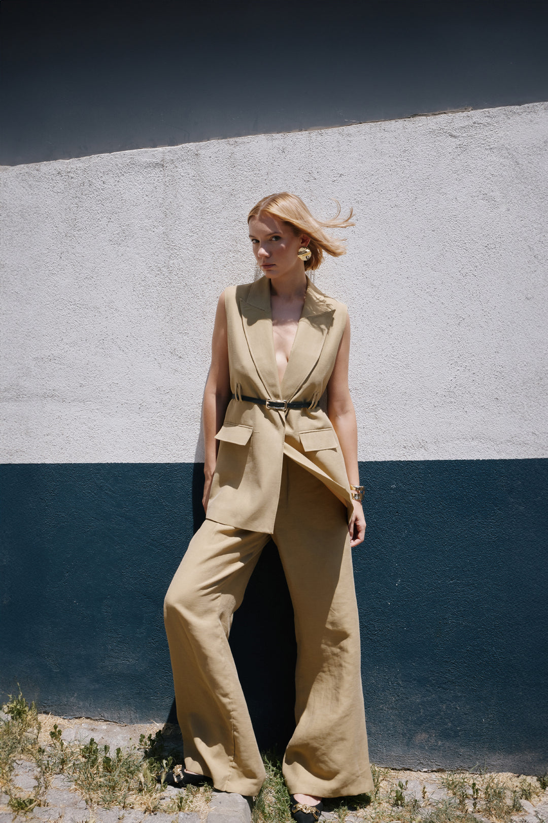 Sateen Pantalon en lin ample - Kaki