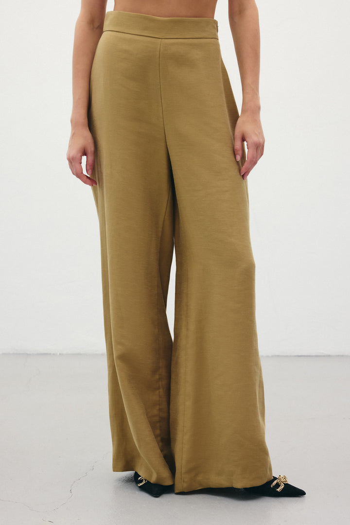 Sateen Pantalon en lin ample - Kaki