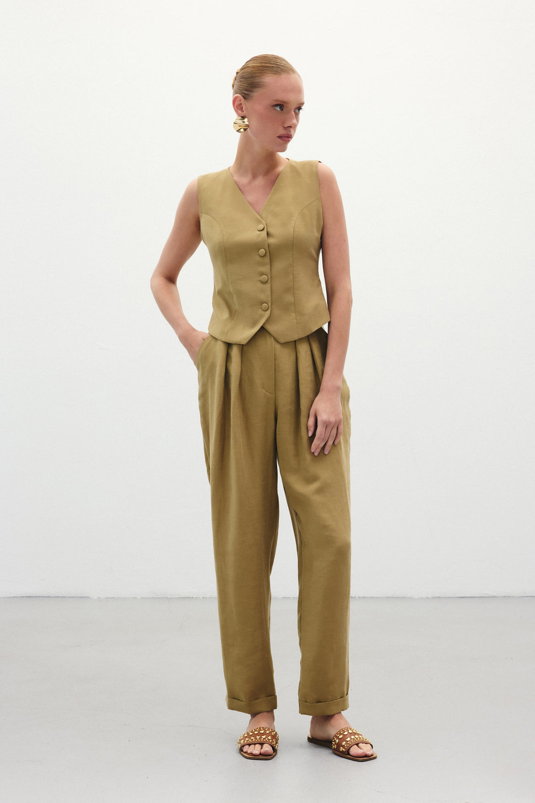 Sateen Pantalon en Lin Ample - Kaki