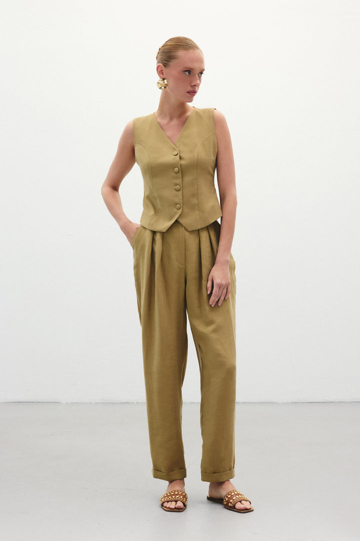 Sateen Pantalon en Lin Ample - Kaki