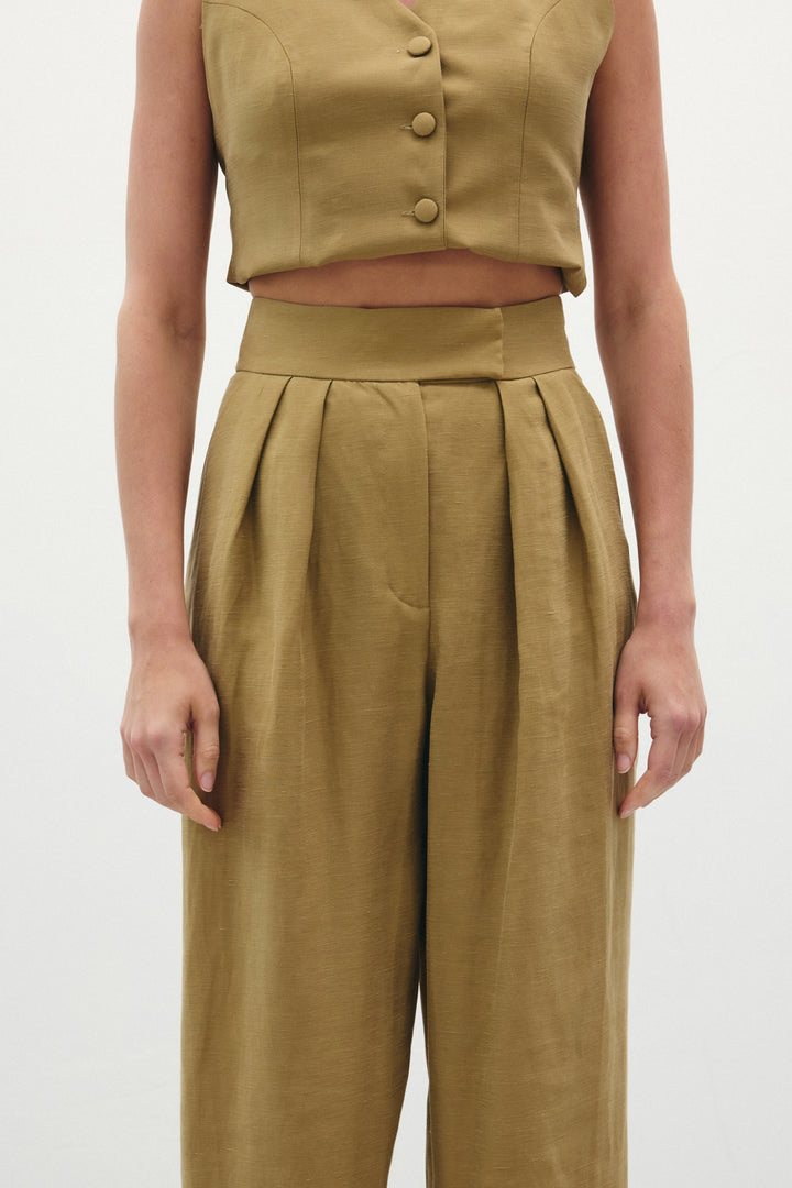 Sateen Pantalon en Lin Ample - Kaki