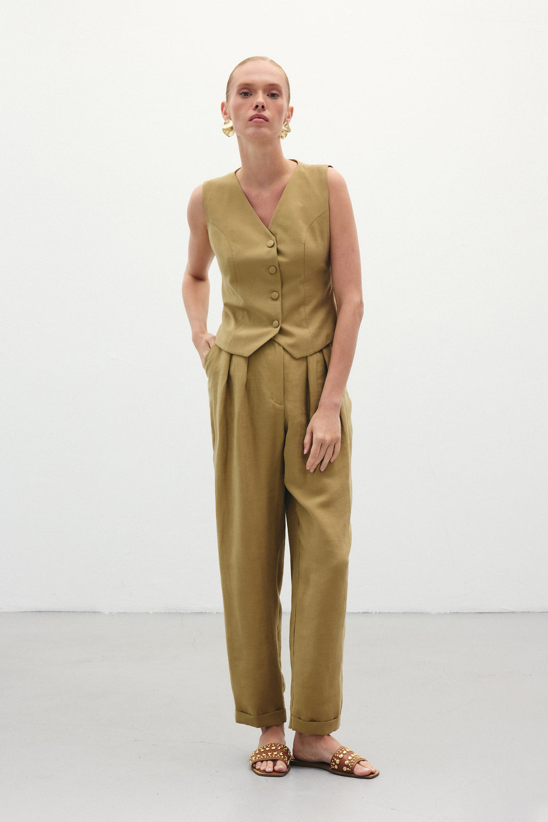 Sateen Pantalon en Lin Ample - Kaki