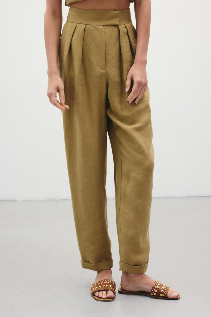 Sateen Pantalon en Lin Ample - Kaki
