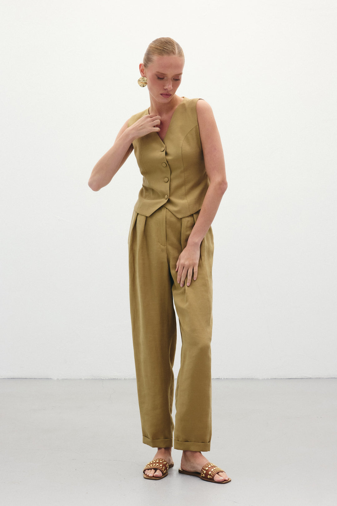 Sateen Pantalon en Lin Ample - Kaki