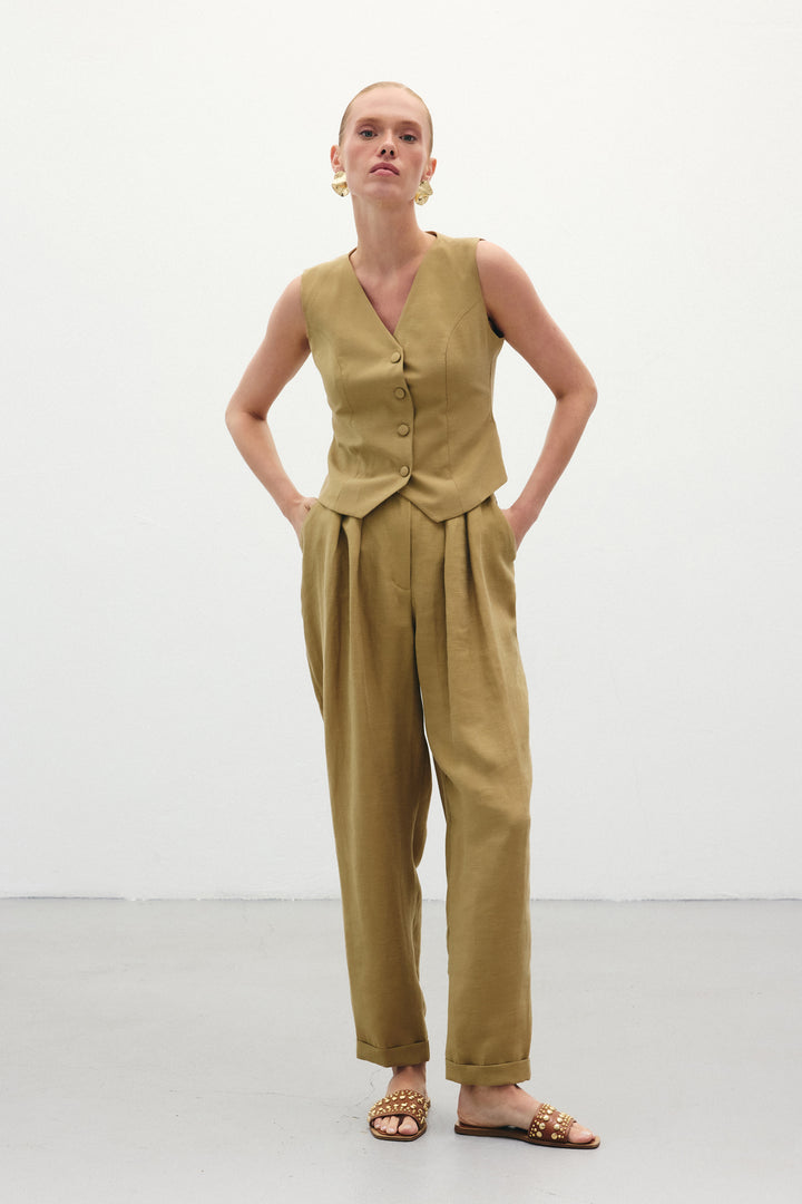 Sateen Pantalon en Lin Ample - Kaki