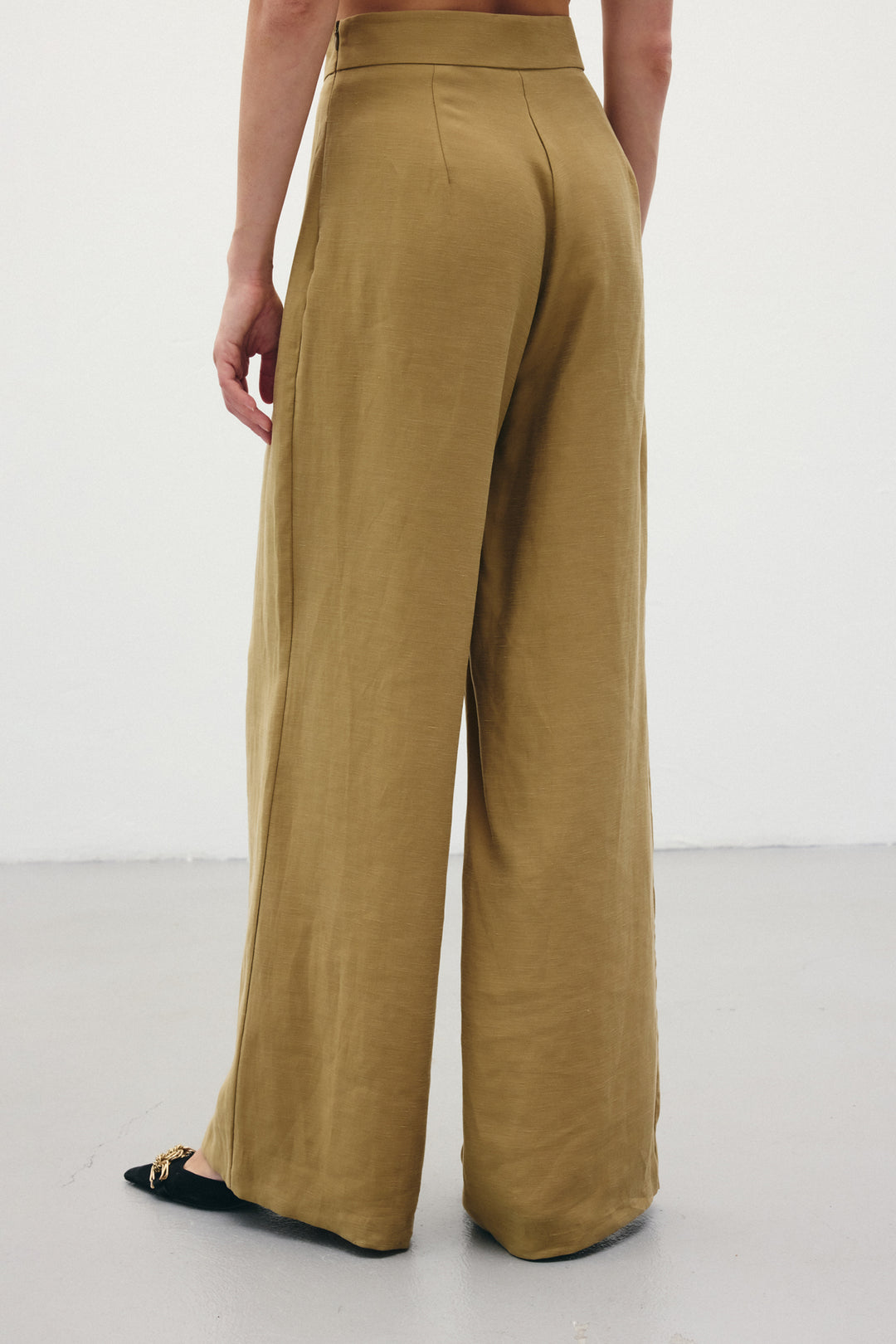 Sateen Pantalon en lin ample - Kaki