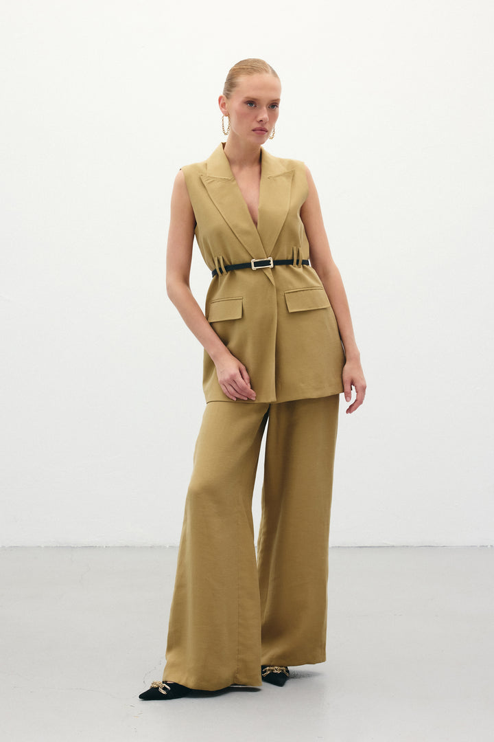 Sateen Pantalon en lin ample - Kaki