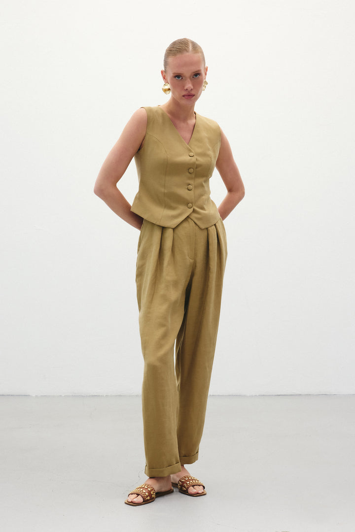 Sateen Pantalon en Lin Ample - Kaki