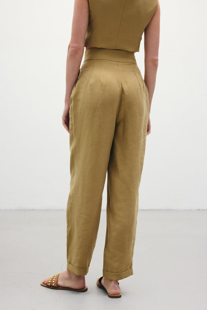 Sateen Pantalon en Lin Ample - Kaki
