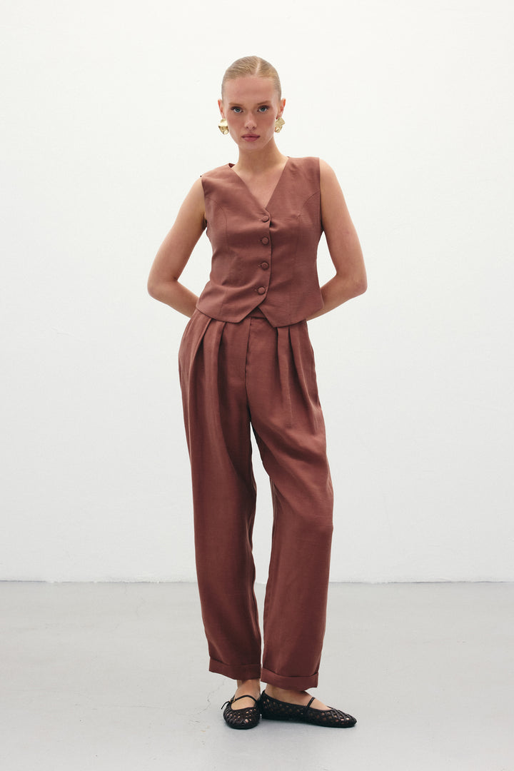 Sateen Pantalon en Lin Ample - Marron