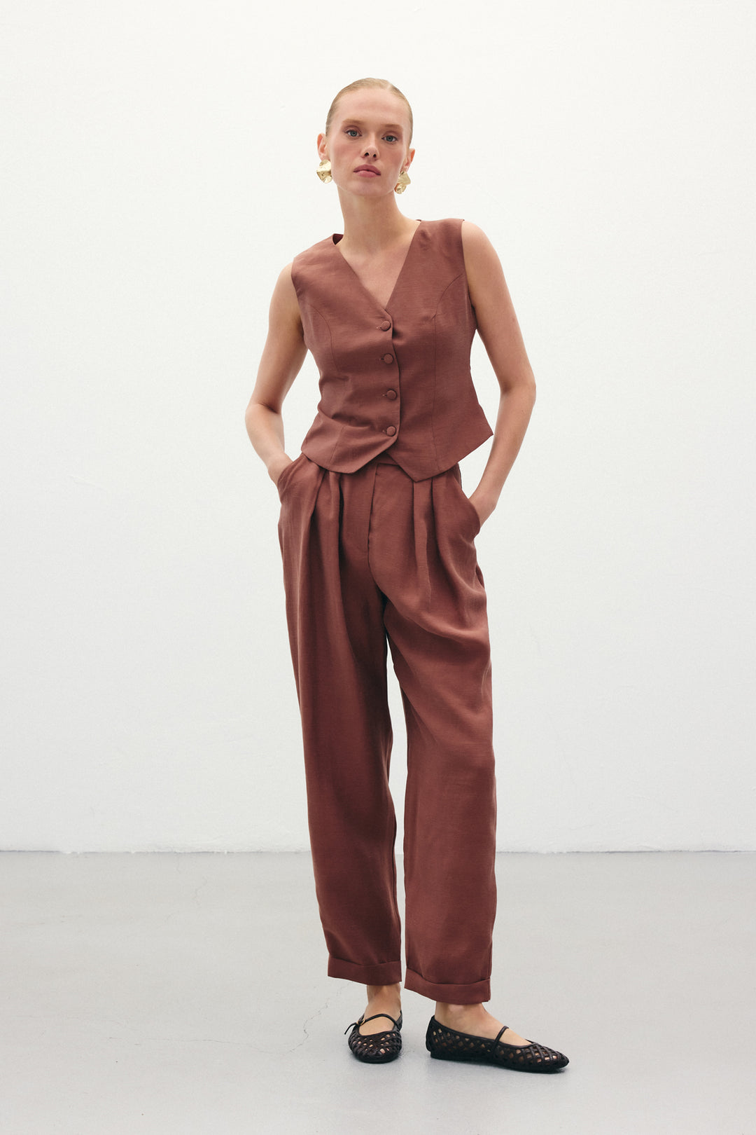 Sateen Pantalon en Lin Ample - Marron