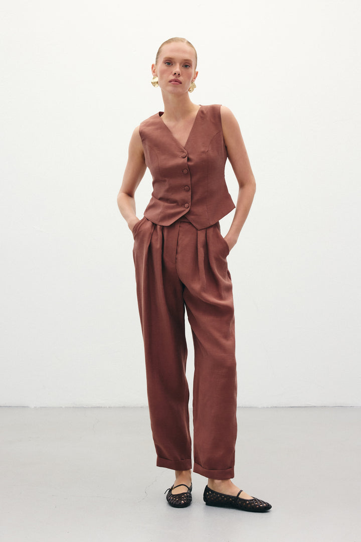 Sateen Pantalon en Lin Ample - Marron