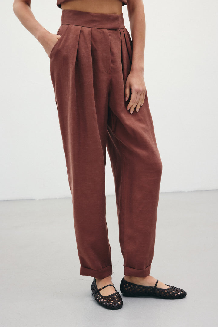 Sateen Pantalon en Lin Ample - Marron
