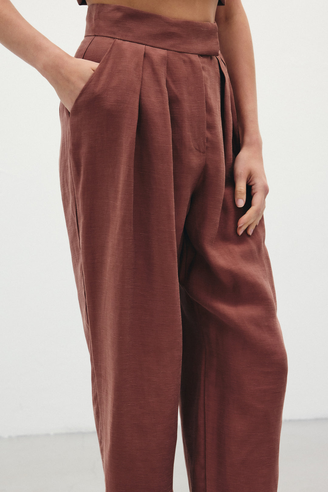 Sateen Pantalon en Lin Ample - Marron