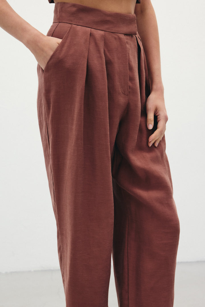 Sateen Pantalon en Lin Ample - Marron