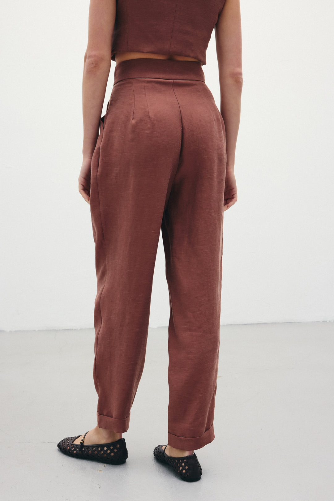 Sateen Pantalon en Lin Ample - Marron