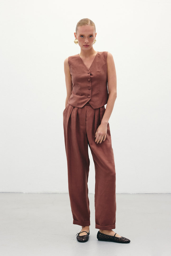Sateen Pantalon en Lin Ample - Marron