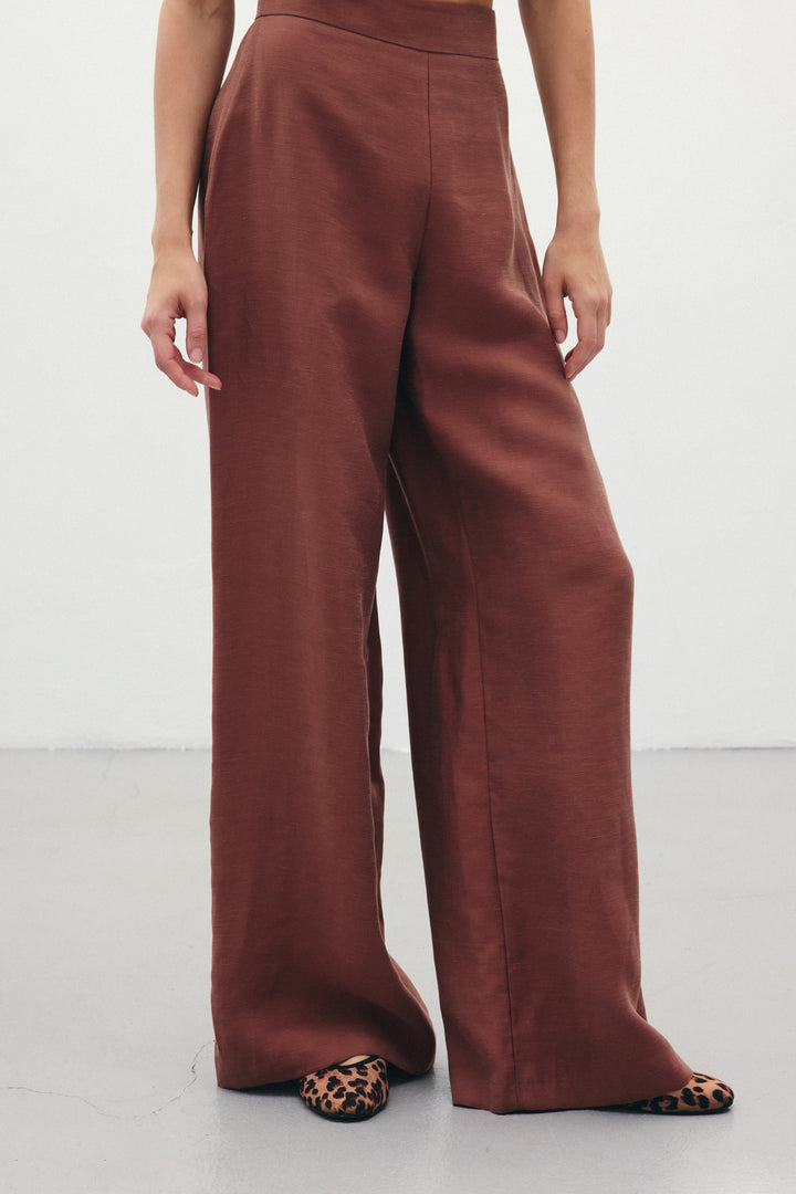 Sateen Pantalon en lin ample - Marron