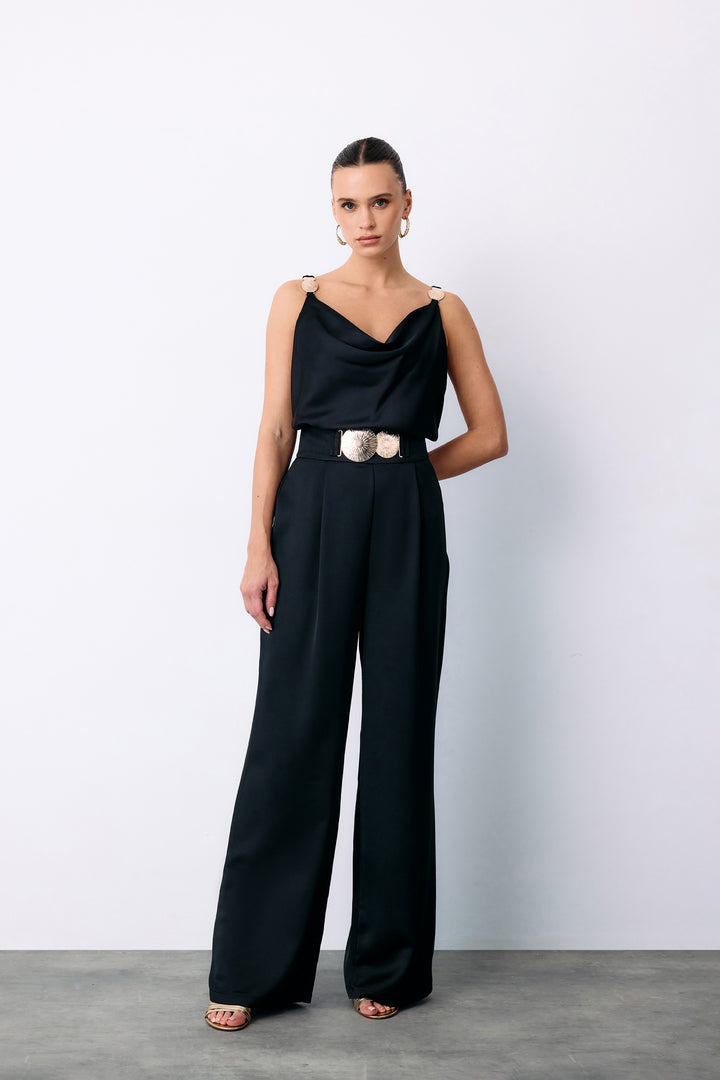 Sateen Pantalon Satin Krep Ample - Noir