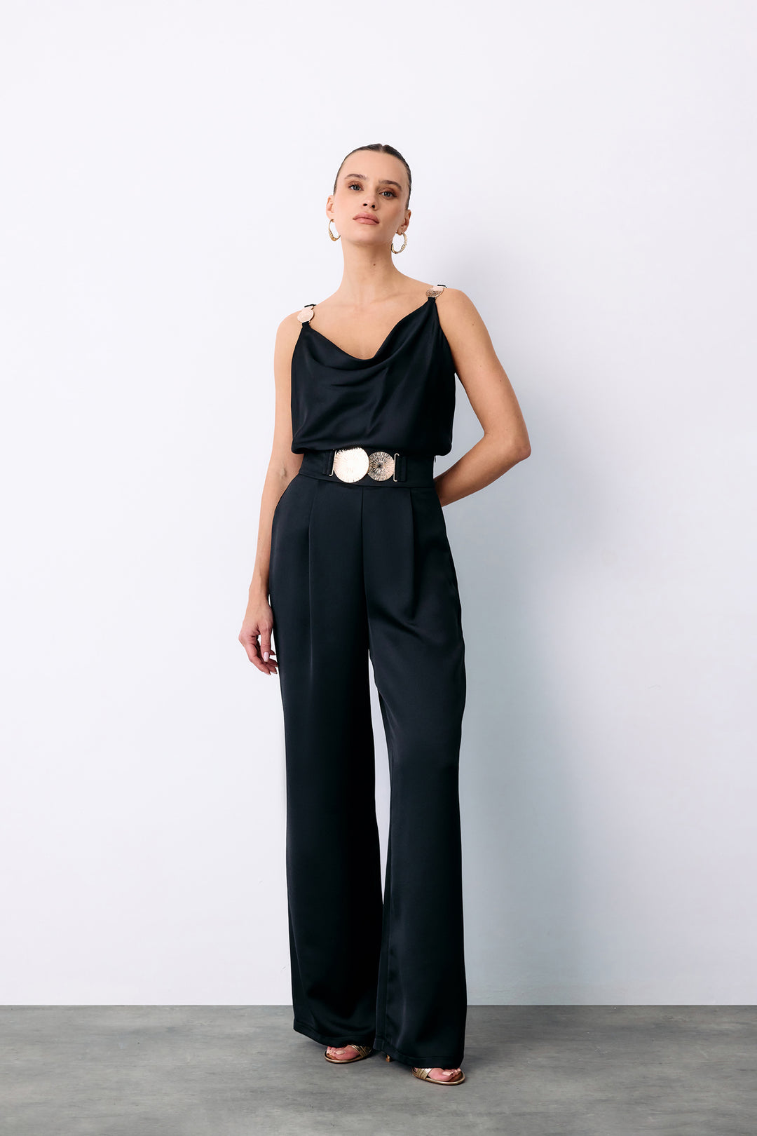 Sateen Pantalon Satin Krep Ample - Noir
