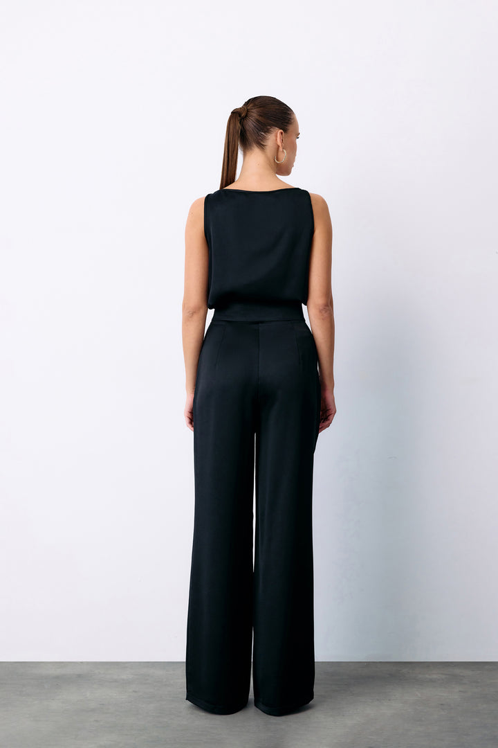 Sateen Pantalon Satin Krep Ample - Noir