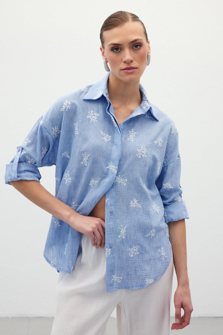 Sateen Chemise Ample Brodée - bebe Bleu