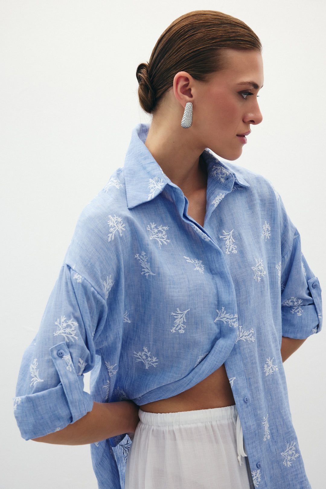 Sateen Chemise Ample Brodée - bebe Bleu