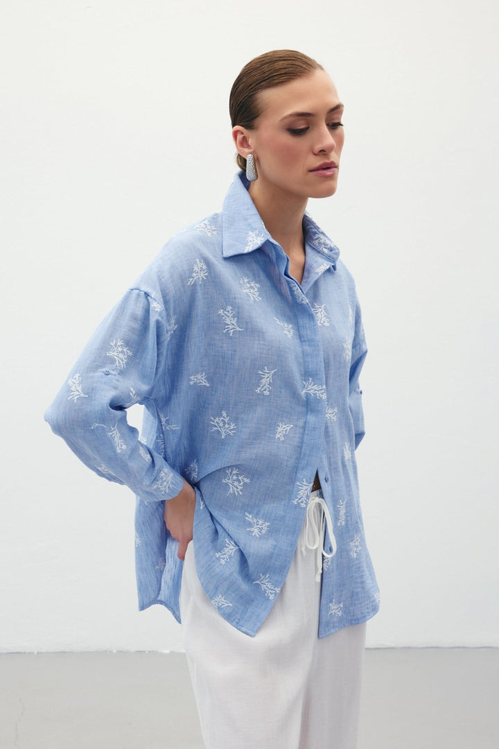 Sateen Chemise Ample Brodée - bebe Bleu