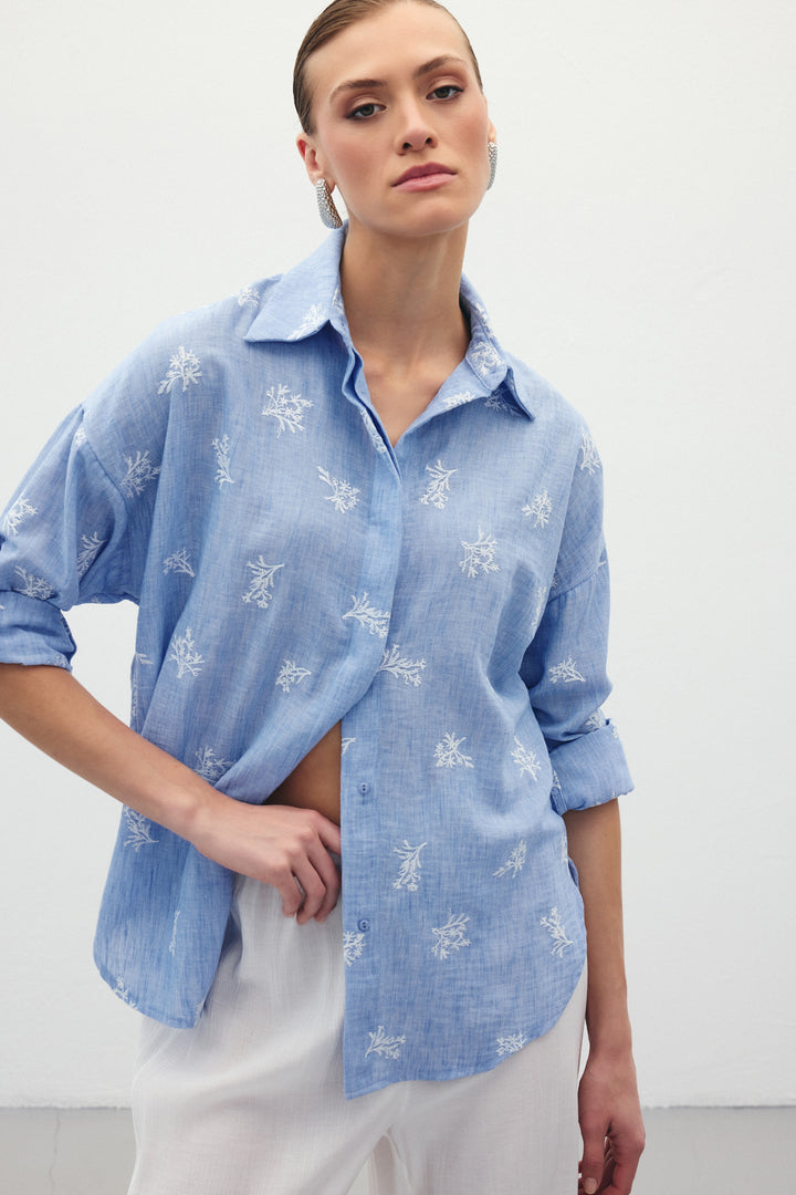 Sateen Chemise Ample Brodée - bebe Bleu