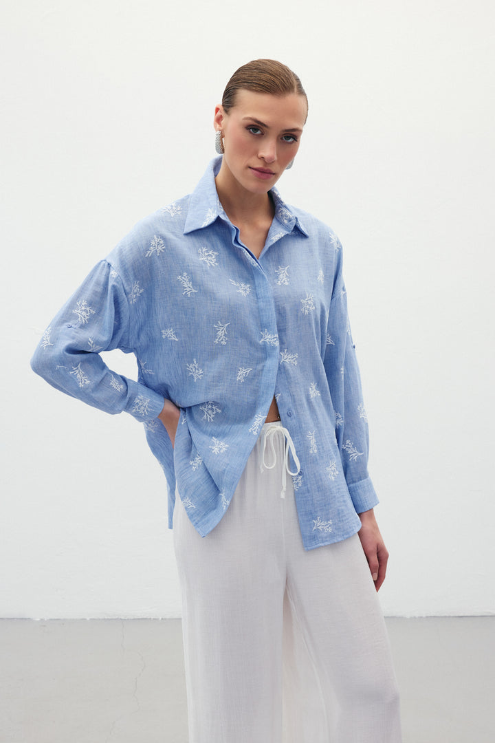 Sateen Chemise Ample Brodée - bebe Bleu