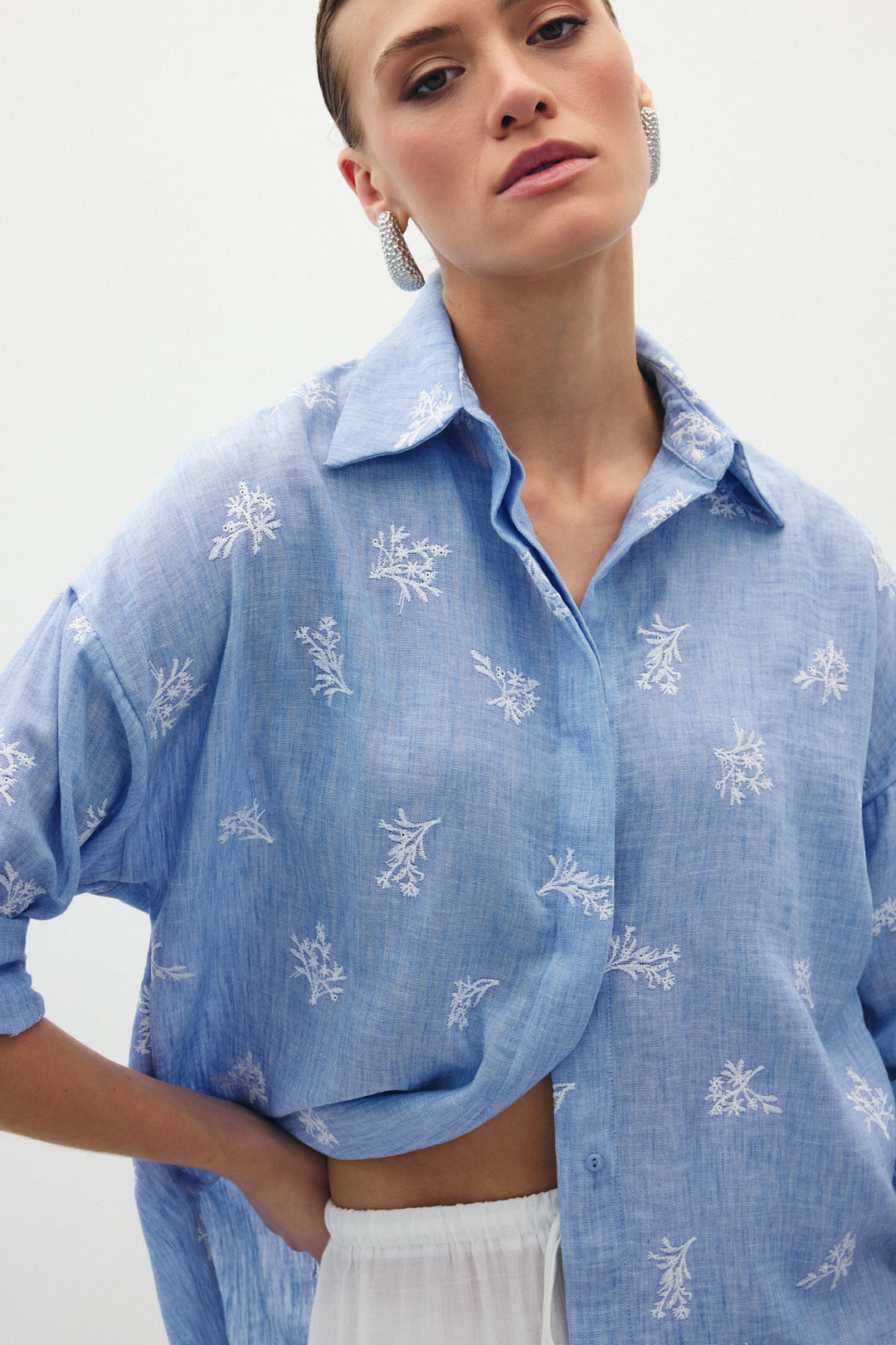 Sateen Chemise Ample Brodée - bebe Bleu