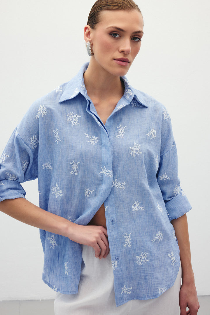 Sateen Chemise Ample Brodée - bebe Bleu