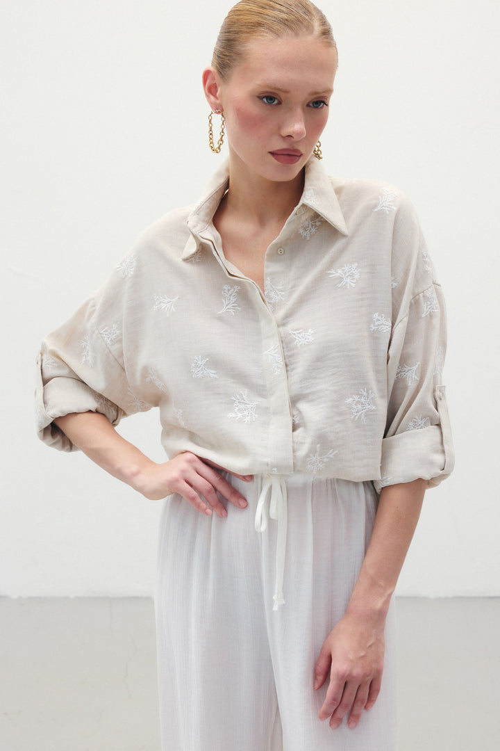 Sateen Chemise Ample Brodée - Beige